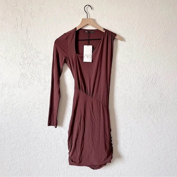 NWT Zara Asymetrical Long Sleeve Brown Dress - Picture 6 of 6